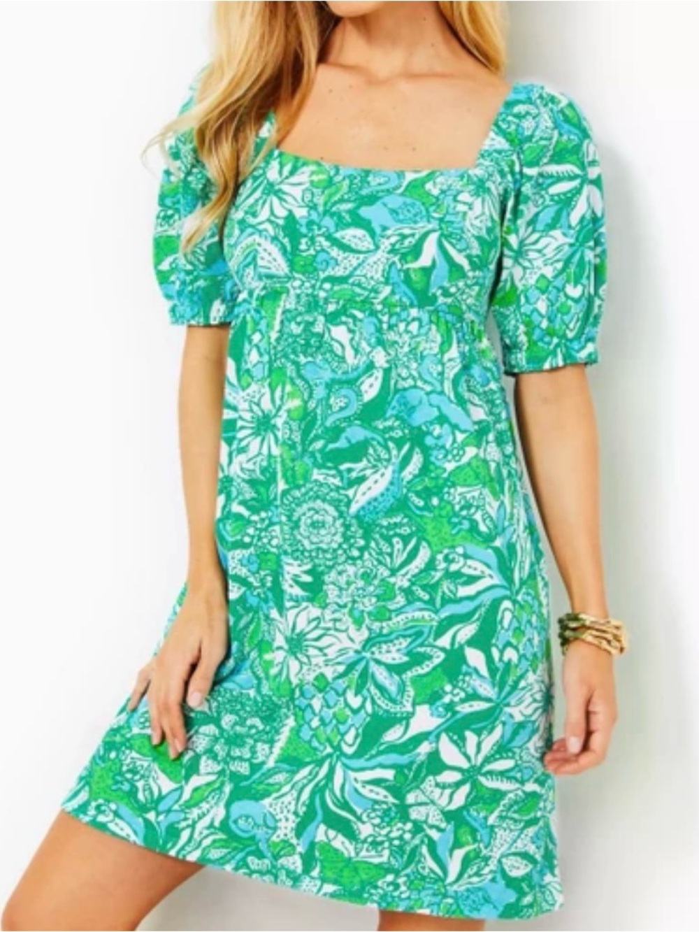 Lilly Pulitzer Green & White Floral Puff-Sleeve Dress NWOT- Green Safari